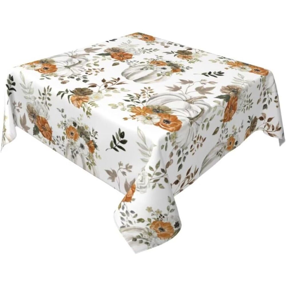 Tablecloth 60 x 60 Inch Square, White Pumpkin Maple Leaves Tablecloth